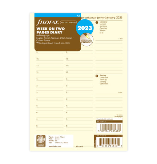 Filofax navulling organizer A5 - Week on two pages diary 2023 (cotton cream)