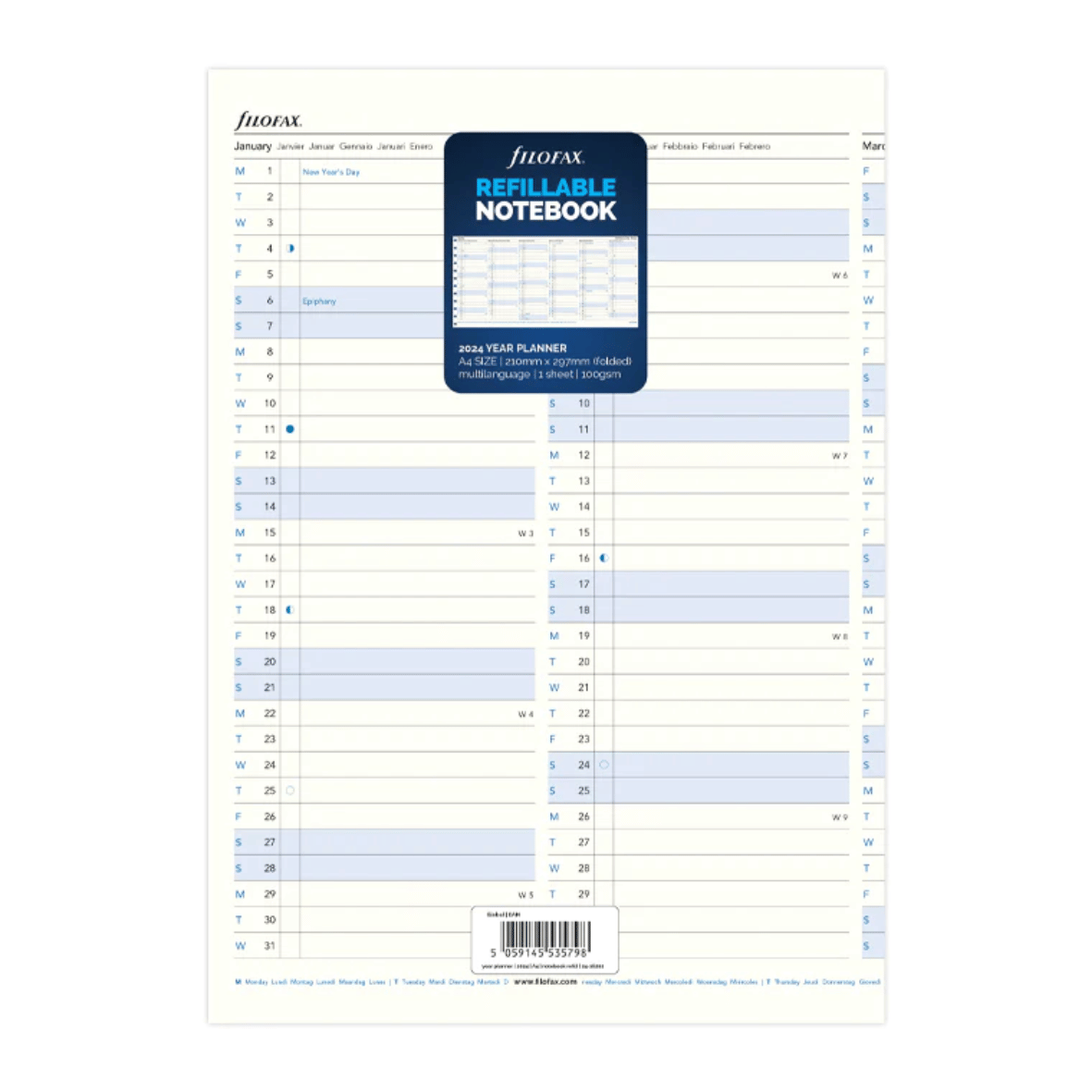 Refillable Notebook Year Planner Refill - A4 2024 Multilanguage