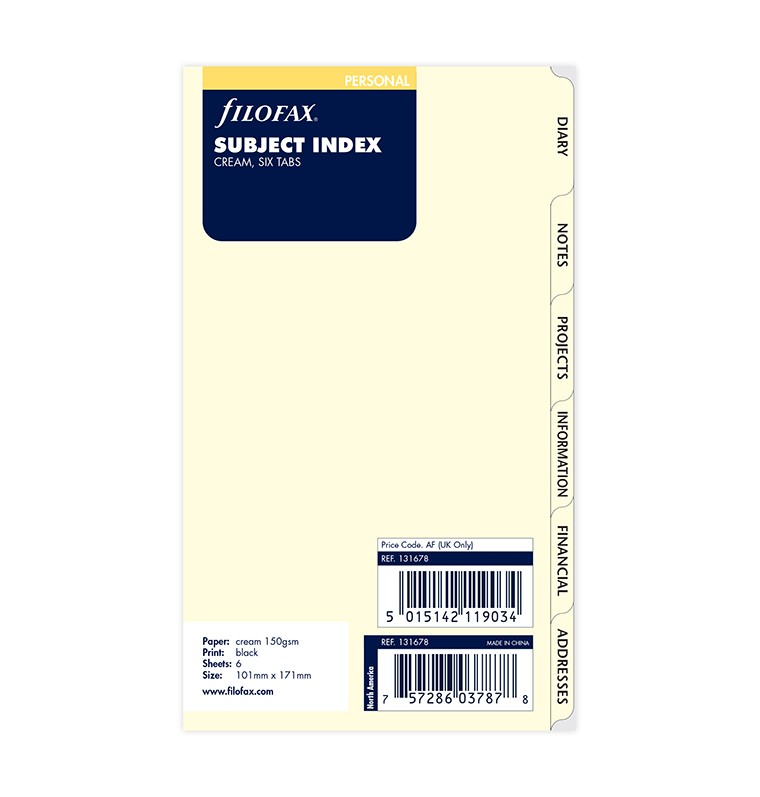Filofax Organizer Personal Subject Index Tabs