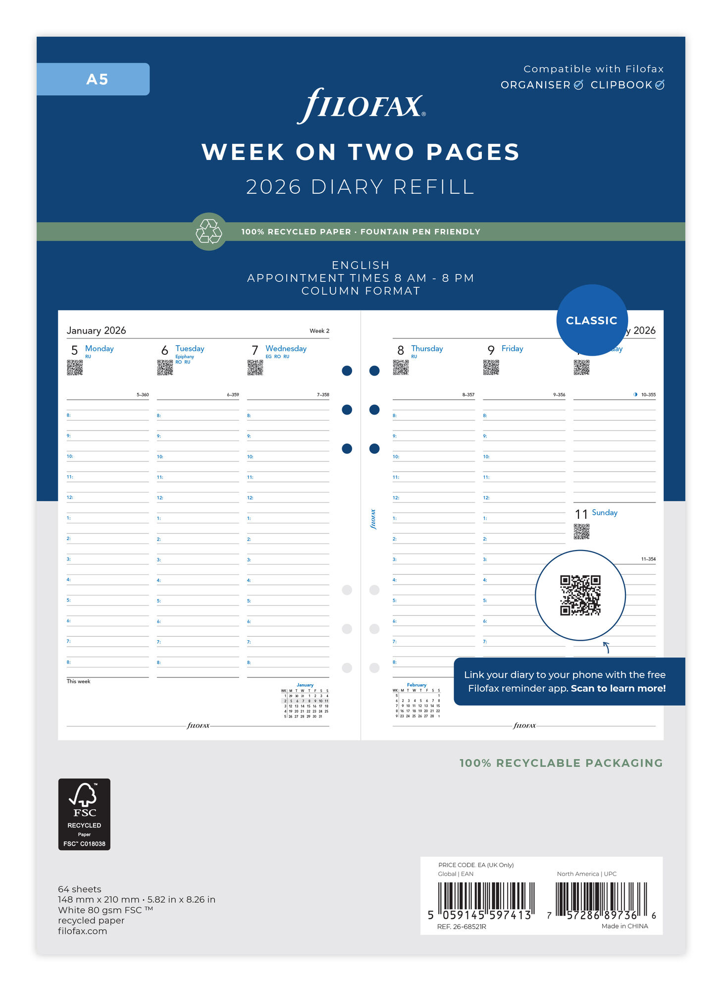 Filofax 2026 Refill 26-68521R_A5_week on two pages_packaging _recycled_