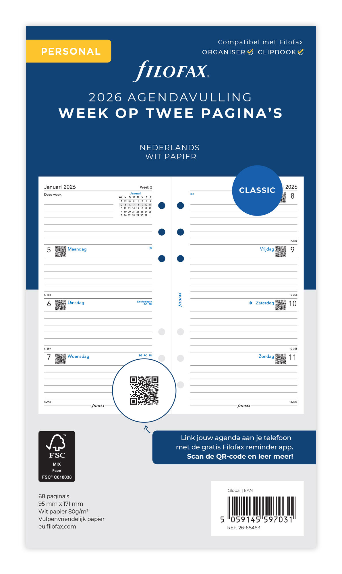 Filofax navulling organizer personal - Week op twee pagina's 2026