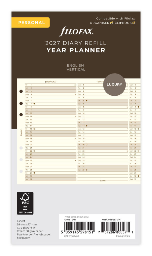 Filofax Organizer Personal Year Planner 2027 Cotton Cream
