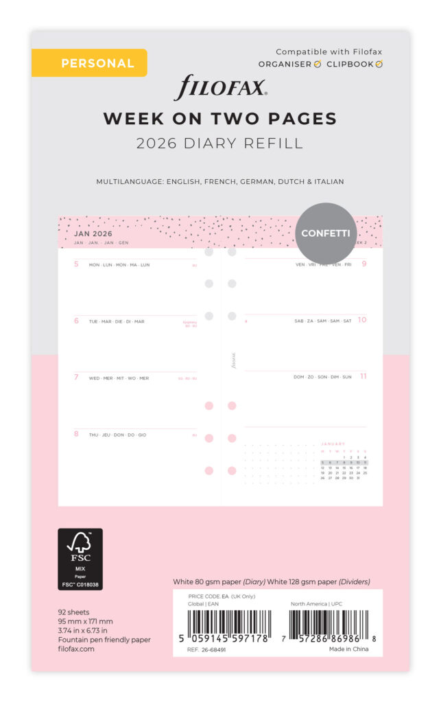 Recharge Agenda Filofax Personal 2026 1 Jour Par Page 5 Langues + QR Reminder