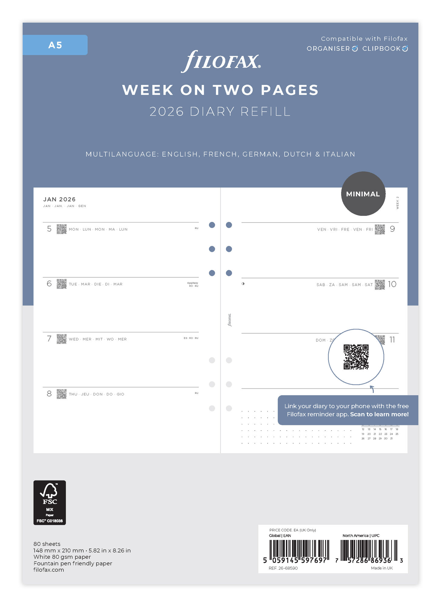 Filofax navulling organizer A5 / 2026 - 7 dagen 2 pagina's (Minimal)
